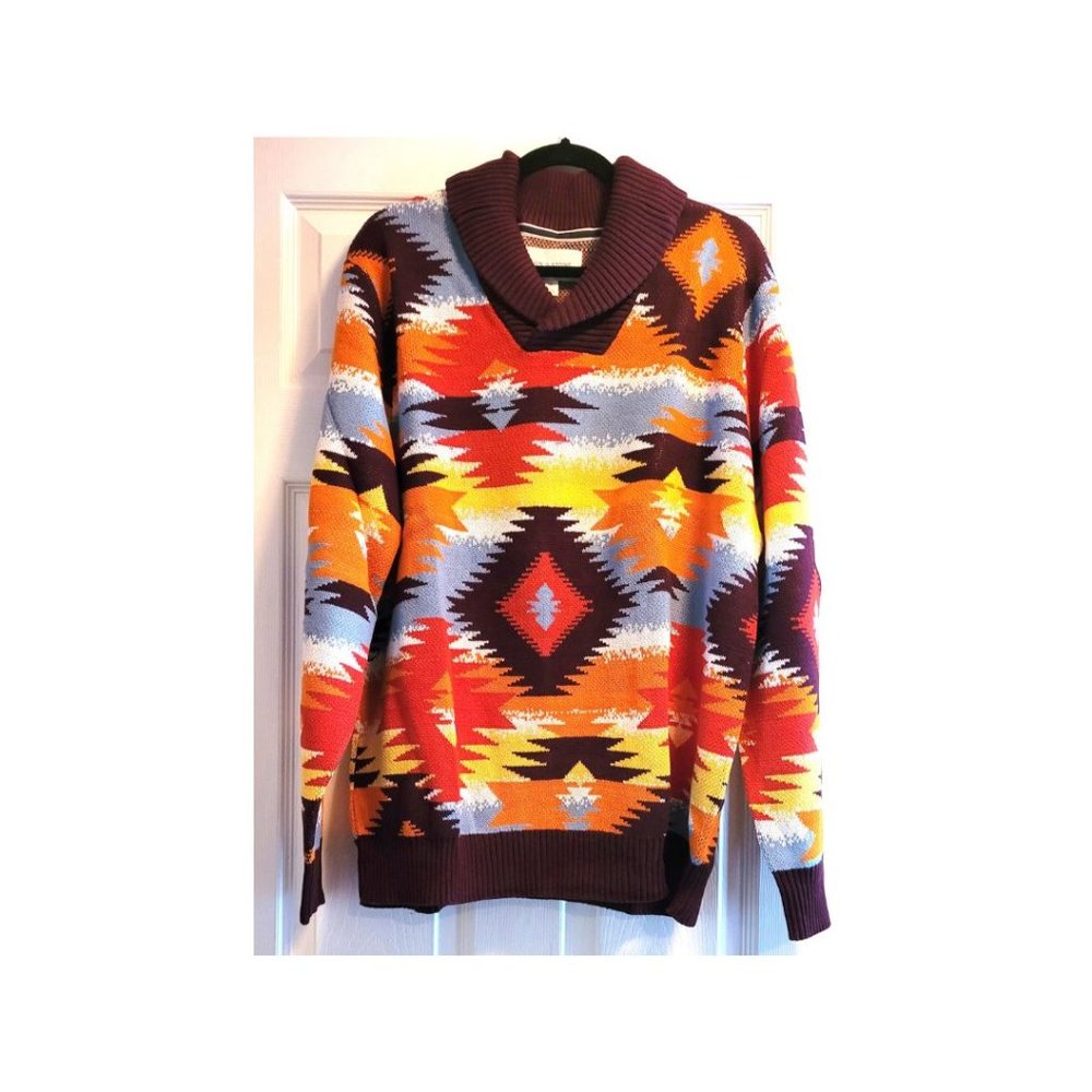 Sun+Stone Men's Ranger All Over Geometric-Print Jacquard Shawl Neck Sweater XXL